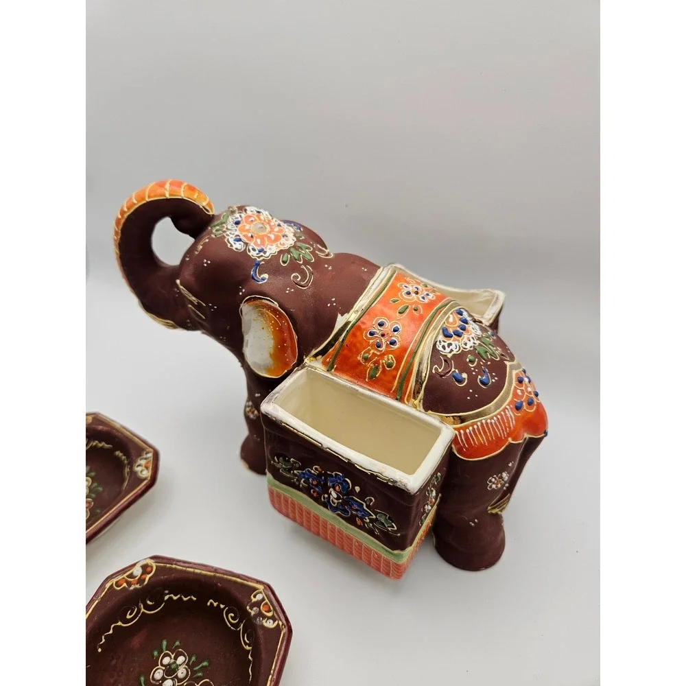 Vintage 1920s Japanese Satsuma Moriage Elephant Ashtray and Cigarette Holder Set